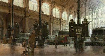 Movie still from “The Illusionist” (2010), directed by Sylvain Chomet – People are walking in a train station while a bus is parked in front of them; Extreme Wide shot, High angle