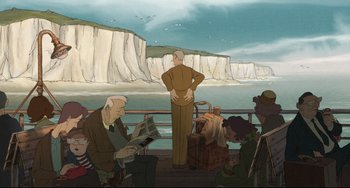 Movie still from “The Illusionist” (2010), directed by Sylvain Chomet – An illustration of people sitting on a boat looking out at the ocean; Wide shot, High angle