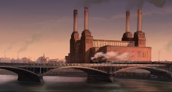 Movie still from “The Illusionist” (2010), directed by Sylvain Chomet – A train on a bridge in front of a large building; Extreme Wide shot, Low angle