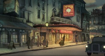 Movie still from “The Illusionist” (2010), directed by Sylvain Chomet – An illustration of an old fashioned theater with people walking around; Extreme Wide shot, High angle