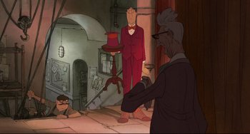 Movie still from “The Illusionist” (2010), directed by Sylvain Chomet – An animated scene of a man in a red suit; Wide shot, Over the shoulder angle