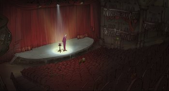 Movie still from “The Illusionist” (2010), directed by Sylvain Chomet – An artist's rendering of a stage with a microphone; Extreme Wide shot, High angle