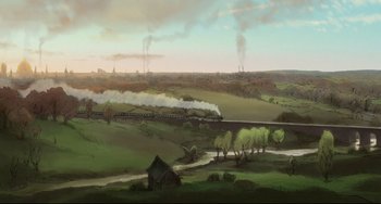 Movie still from “The Illusionist” (2010), directed by Sylvain Chomet – An oil painting of a train traveling over a bridge; Extreme Wide shot, High angle