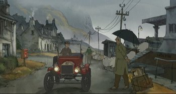 Movie still from “The Illusionist” (2010), directed by Sylvain Chomet – An illustration of an old car driving down the street; Wide shot, High angle