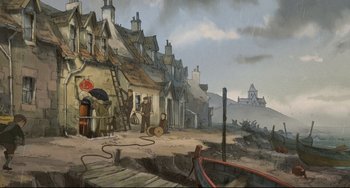 Movie still from “The Illusionist” (2010), directed by Sylvain Chomet – An artistic drawing of a man standing on a dock; Extreme Wide shot, High angle