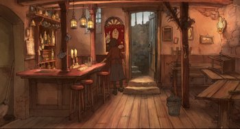 Movie still from “The Illusionist” (2010), directed by Sylvain Chomet – An illustration of a woman standing at a bar; Wide shot, High angle