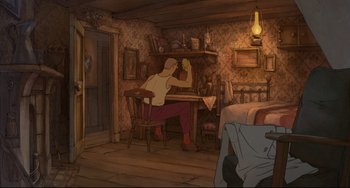 Movie still from “The Illusionist” (2010), directed by Sylvain Chomet – A man sitting at a table in front of a lamp; Wide shot, High angle