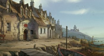 Movie still from “The Illusionist” (2010), directed by Sylvain Chomet – An artistic drawing of a town with a boat in the foreground; Extreme Wide shot, High angle