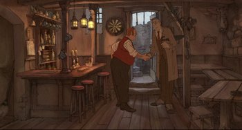 Movie still from “The Illusionist” (2010), directed by Sylvain Chomet – Two men shaking hands in a bar; Wide shot, High angle