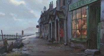 Movie still from “The Illusionist” (2010), directed by Sylvain Chomet – An illustration of a street corner with buildings and trees; Extreme Wide shot, Low angle