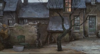 Movie still from “The Illusionist” (2010), directed by Sylvain Chomet – A painting of a tree in front of an old house; Extreme Wide shot, High angle