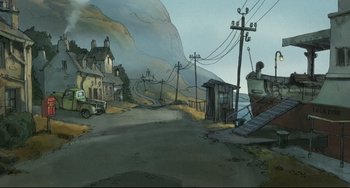 Movie still from “The Illusionist” (2010), directed by Sylvain Chomet – An artistic drawing of a small town with telephone poles and houses; Extreme Wide shot, High angle