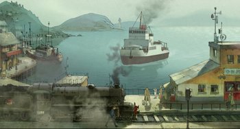 Movie still from “The Illusionist” (2010), directed by Sylvain Chomet – An illustration of a train and a boat in the water; Extreme Wide shot, High angle