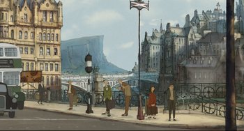 Movie still from “The Illusionist” (2010), directed by Sylvain Chomet – A group of people standing on the side of a road; Extreme Wide shot, High angle
