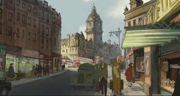 Movie still from “The Illusionist” (2010), directed by Sylvain Chomet – An illustration of people walking down the street; Extreme Wide shot, High angle