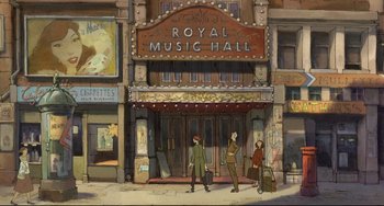 Movie still from “The Illusionist” (2010), directed by Sylvain Chomet – People are standing in front of the royal music hall; Extreme Wide shot, High angle