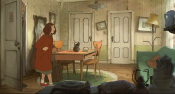 Movie still from “The Illusionist” (2010), directed by Sylvain Chomet – A woman standing in front of a dining room table; Wide shot, High angle