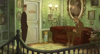 Movie still from “The Illusionist” (2010), directed by Sylvain Chomet – Two men are sitting on a couch in a living room; Wide shot, High angle