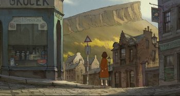 Movie still from “The Illusionist” (2010), directed by Sylvain Chomet – An animated scene of a woman standing on the street; Extreme Wide shot, High angle