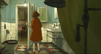Movie still from “The Illusionist” (2010), directed by Sylvain Chomet – A woman standing in a bathroom next to a sink; Extreme Wide shot, High angle
