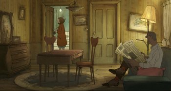 Movie still from “The Illusionist” (2010), directed by Sylvain Chomet – An illustration of a person sitting at a dining room table; Wide shot, High angle