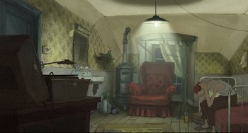 Movie still from “The Illusionist” (2010), directed by Sylvain Chomet – An artist's drawing of a living room with a fireplace; Wide shot, High angle