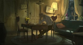 Movie still from “The Illusionist” (2010), directed by Sylvain Chomet – A man sitting at a table in a living room; Wide shot, High angle