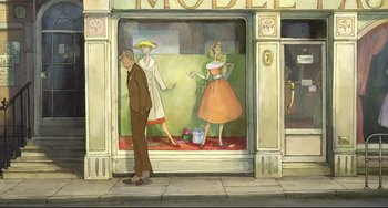 Movie still from “The Illusionist” (2010), directed by Sylvain Chomet – A man standing in front of a store window; Wide shot, Over the shoulder angle