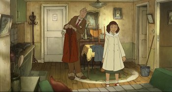 Movie still from “The Illusionist” (2010), directed by Sylvain Chomet – An animated picture of a man and a woman; Wide shot, High angle