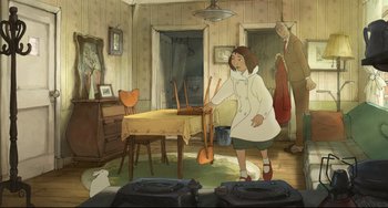 Movie still from “The Illusionist” (2010), directed by Sylvain Chomet – An illustration of a woman holding a broom in a kitchen; Wide shot, High angle