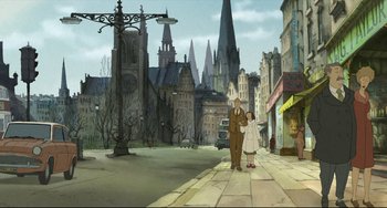 Movie still from “The Illusionist” (2010), directed by Sylvain Chomet – An old man and a young girl standing on the sidewalk; Extreme Wide shot, High angle