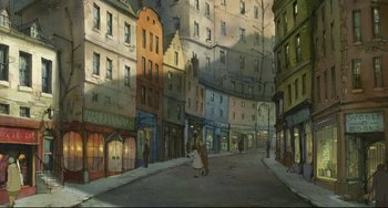 Movie still from “The Illusionist” (2010), directed by Sylvain Chomet – An illustration of a street with many buildings and people; Extreme Wide shot, High angle