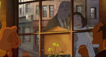 Movie still from “The Illusionist” (2010), directed by Sylvain Chomet – A cartoon of a man and a woman looking out of a window; Medium shot, Low angle
