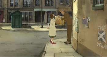 Movie still from “The Illusionist” (2010), directed by Sylvain Chomet – An old man and a young girl on the sidewalk; Wide shot, High angle
