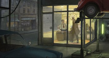 Movie still from “The Illusionist” (2010), directed by Sylvain Chomet – An illustration of a man walking in front of a store window; Wide shot, High angle