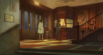 Movie still from “The Illusionist” (2010), directed by Sylvain Chomet – An animated scene of a man and a woman looking at a ticket machine; Wide shot, Low angle