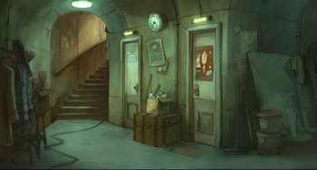 Movie still from “The Illusionist” (2010), directed by Sylvain Chomet – An illustration of an entrance to a train station; Extreme Wide shot, High angle