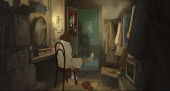 Movie still from “The Illusionist” (2010), directed by Sylvain Chomet – A woman sitting on a chair in front of a mirror in a room; Wide shot, High angle