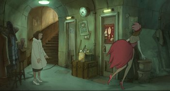 Movie still from “The Illusionist” (2010), directed by Sylvain Chomet – An illustration of a woman in a white dress and a red dress; Wide shot, High angle