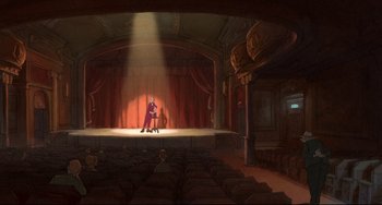 Movie still from “The Illusionist” (2010), directed by Sylvain Chomet – An artist's rendering of a stage with a man sitting on a chair; Extreme Wide shot, High angle