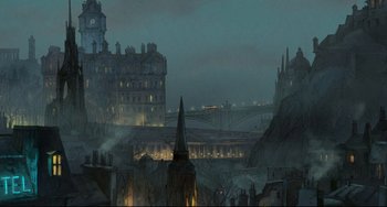 Movie still from “The Illusionist” (2010), directed by Sylvain Chomet – An artistic painting of a city at night; Extreme Wide shot, High angle