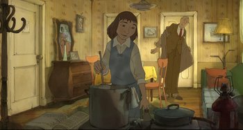 Movie still from “The Illusionist” (2010), directed by Sylvain Chomet – An illustration of a woman cooking in a kitchen; Wide shot, High angle