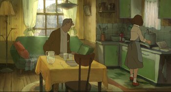 Movie still from “The Illusionist” (2010), directed by Sylvain Chomet – An old man sitting at a table in a kitchen; Wide shot, High angle
