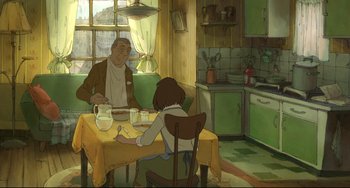 Movie still from “The Illusionist” (2010), directed by Sylvain Chomet – An old man sitting at a table with a young girl; Wide shot, High angle