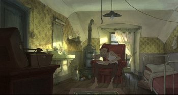 Movie still from “The Illusionist” (2010), directed by Sylvain Chomet – A man sitting in a chair in a living room next to a fire place; Wide shot, High angle
