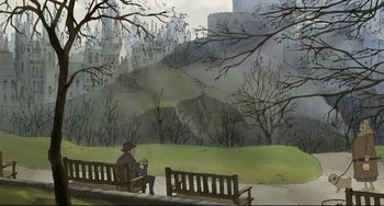 Movie still from “The Illusionist” (2010), directed by Sylvain Chomet – A man sitting on a bench in a park; Extreme Wide shot, High angle