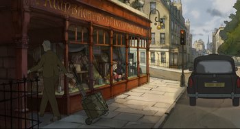 Movie still from “The Illusionist” (2010), directed by Sylvain Chomet – An illustration of a store front on the side of the street; Extreme Wide shot, High angle