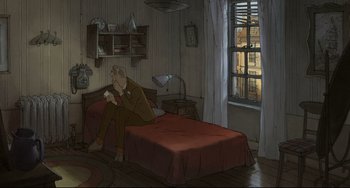 Movie still from “The Illusionist” (2010), directed by Sylvain Chomet – A man sitting on a bed looking out the window; Wide shot, High angle