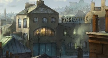Movie still from “The Illusionist” (2010), directed by Sylvain Chomet – An artistic drawing of an old building in a city; Extreme Wide shot, High angle