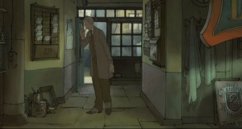 Movie still from “The Illusionist” (2010), directed by Sylvain Chomet – A man in a suit and tie standing next to a door; Wide shot, High angle